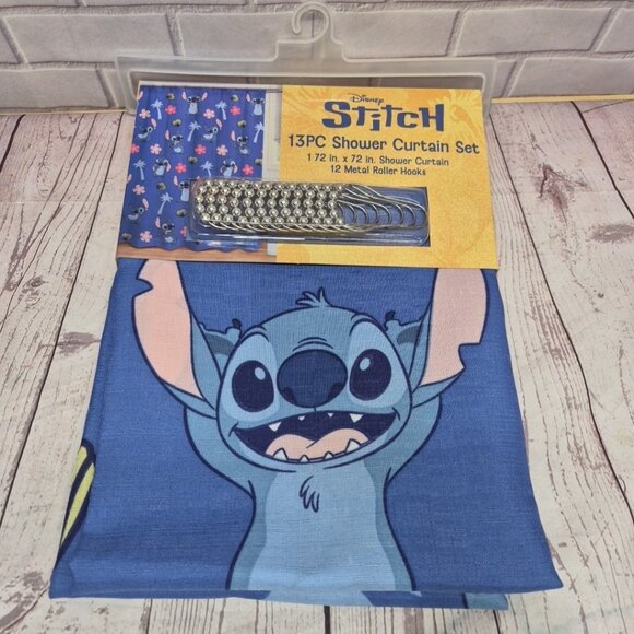 Disney Other - Disney Stitch Shower Curtain Set 72 In X 72 In  - 12 Metal Roller Hooks, New